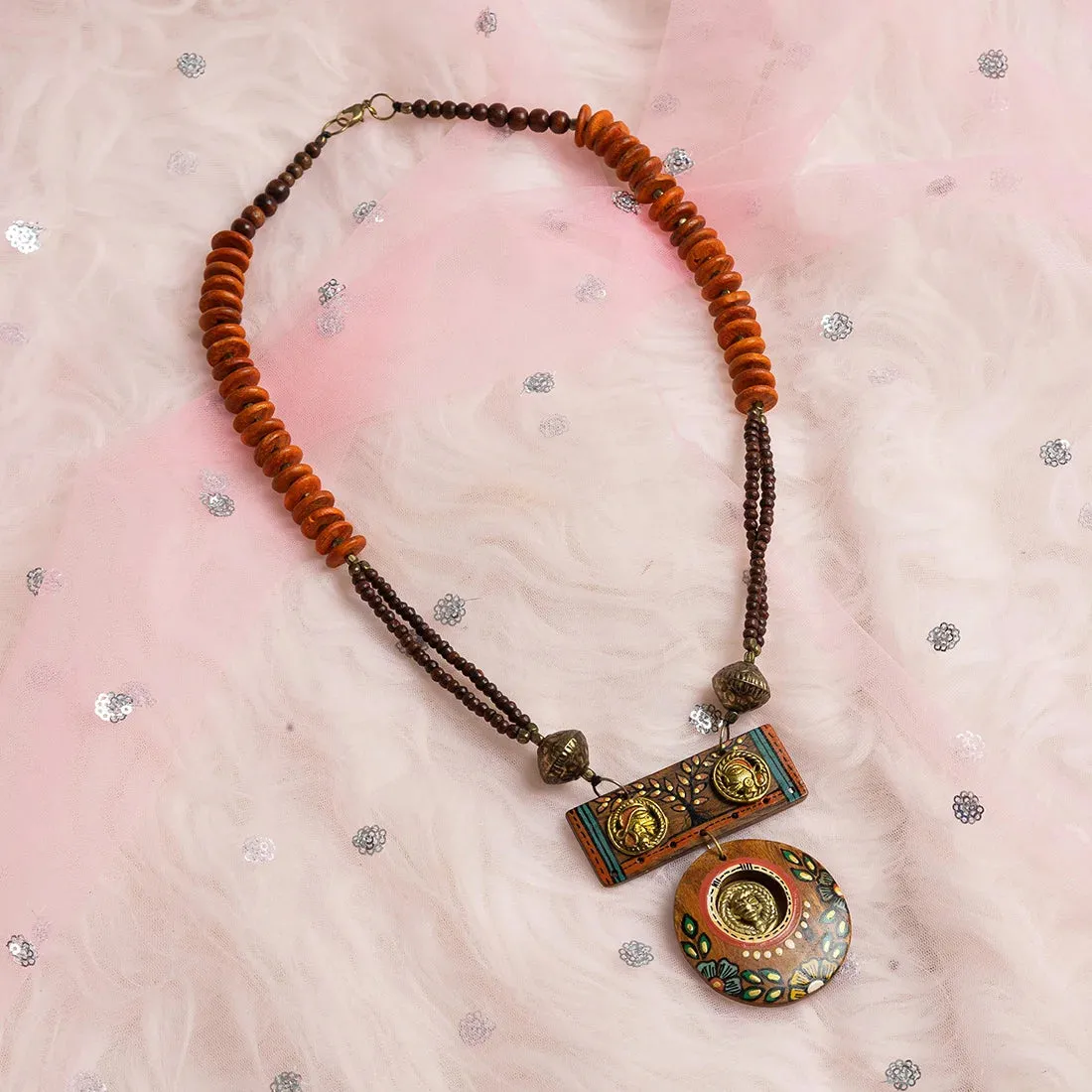 'Tribal Community' Bohemian Beaded Sheesham Wooden & Brass Necklace (Dhokra Art, Handcrafted & Hand-Painted)